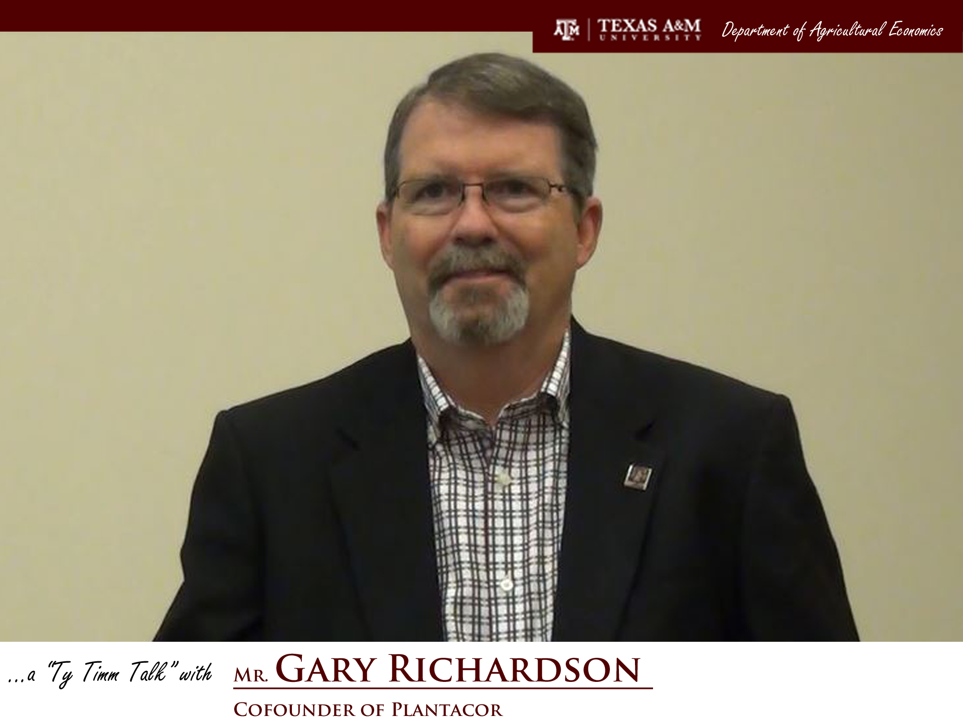 Thumbnail. The words "a ty timm talk with Mr. Gary Richardson - Cofounder of Plantacor" run along the bottom. Mr. Richardson is seated and wearing a black suit, smiling. Click for interview.