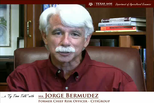 The words "a ty timm talk with Mr. Jorge Bermudez - former chief risk officer - citigroup" run along the bottom. Mr. Bermudez is seated in a brown computer chair, wearing a maroon button down, with a full bookshelf in the background.