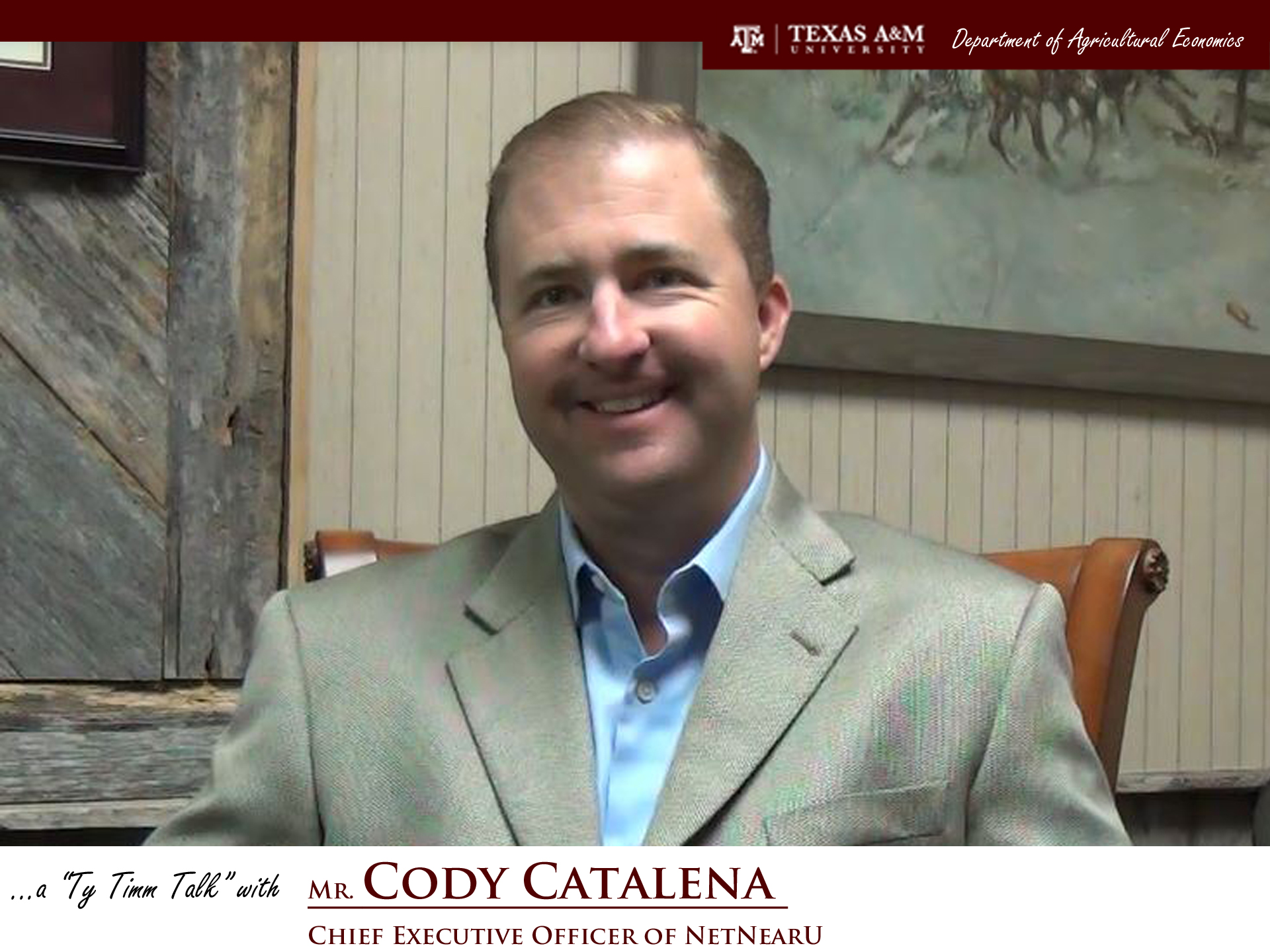 The words "a ty timm talk with Mr. Cody Catalena - Chief Executive officer of NetNearU" run along the bottom. Mr. Catalena is seated and wearing a grey suit, smiling.