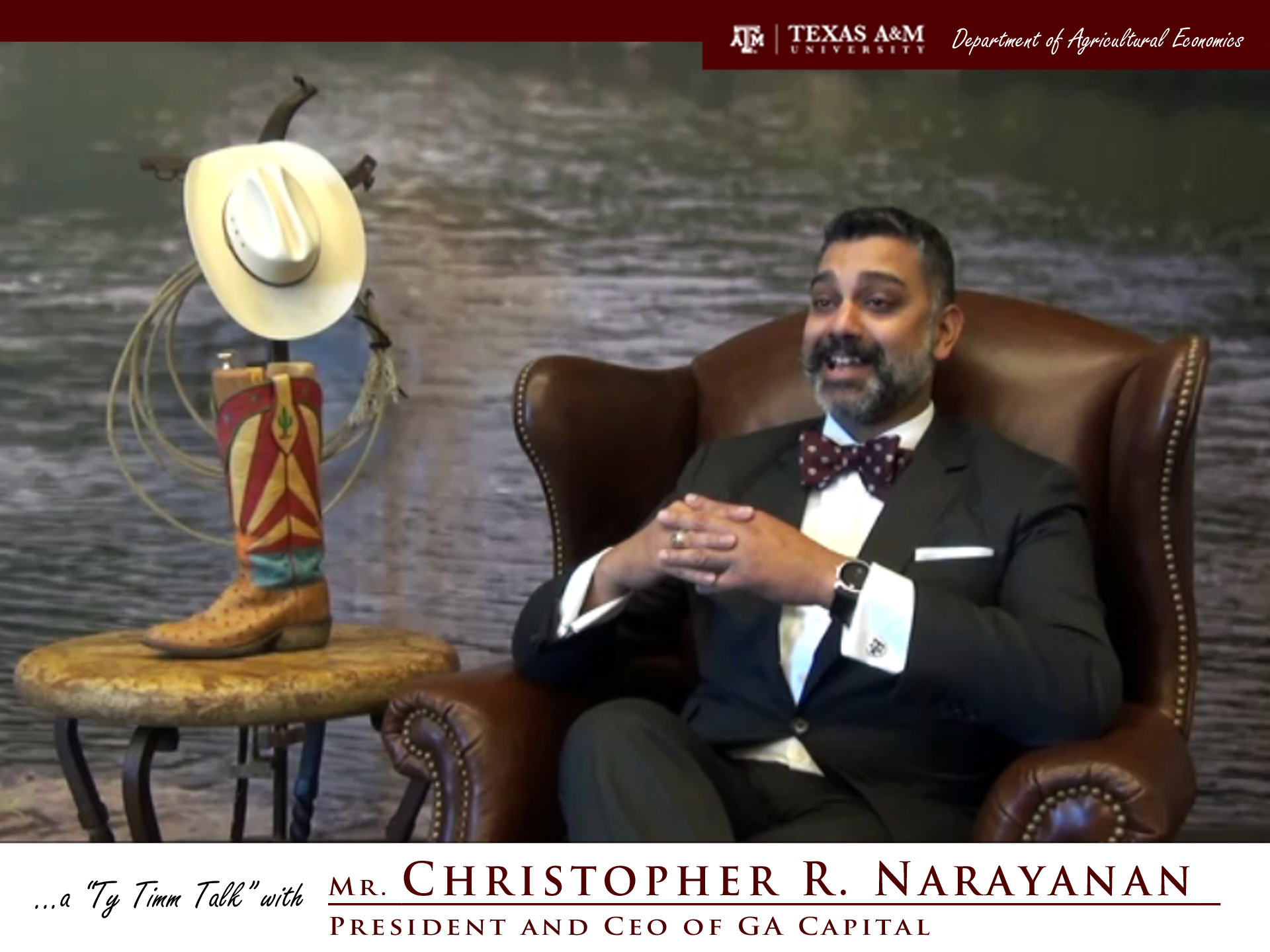 The words "a ty timm talk with Mr. Christopher R. Narayanan - President and CEO of GA Capital" run along the bottom. Mr. Narayanan is seated and wearing a black suit, smiling.