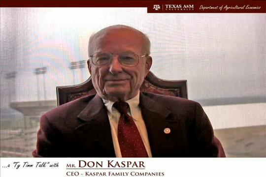 The words "a ty timm talk with Mr. Don Kaspar- CEO - Kaspar Family Companies" run along the bottom. Mr. Kaspar is seated and wearing a maroon suit and red tie, smiling.