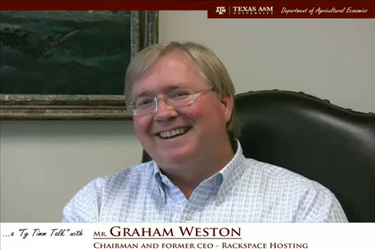 Thumbnail. The words "a ty timm talk with Mr. Graham Weston - Chairman and Former CEO - Rackspace Hosting" run along the bottom. Mr. Weston is seated and wearing a white dress shirt, smiling. Click for interview