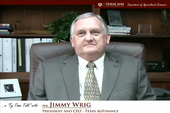 The words "a ty timm talk with Mr. Jimmy Wright- President and CEO = Texas AgFinance" run along the bottom. Mr. Wright, smiling and wearing a grey suit and green tie, is seated in a brown computer chair in front of bookcases.