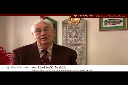 The words "a ty timm talk with Mr. Jimmy Nail - pioneer of cotton cooperatives initiative" run along the bottom. Mr. Nail is seated and wearing a maroon suit.