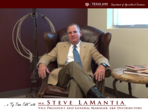 The words "a ty timm talk with Mr. Steve LaMantia - Vice President and General Manager L&F Distributors" run along the bottom. Mr. LaMantia is seated with crossed legs and wearing a tan suit.