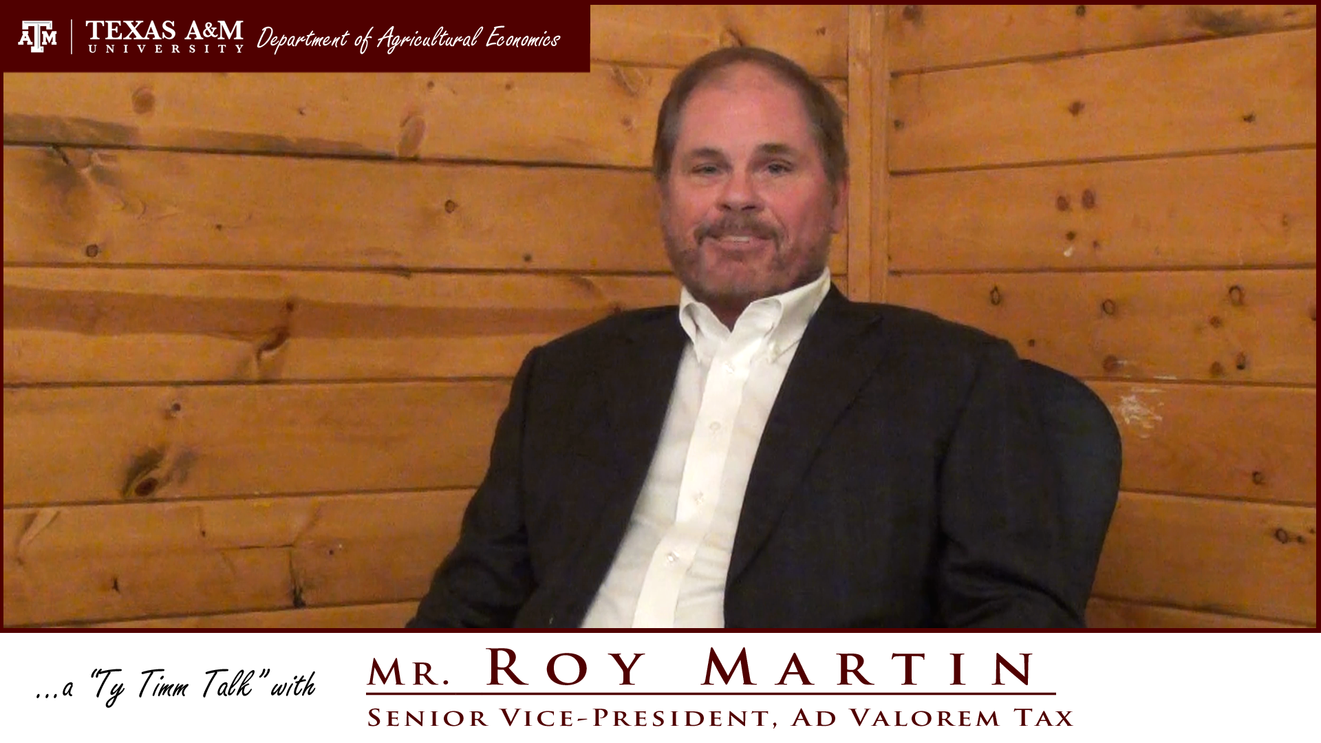 The words "a ty timm talk with Mr. Roy Martin - Senior Vice-President, Ad Valorem Tax" run along the bottom. Mr. Martin is seated and wearing a black suit, smiling in front of a wooden background.