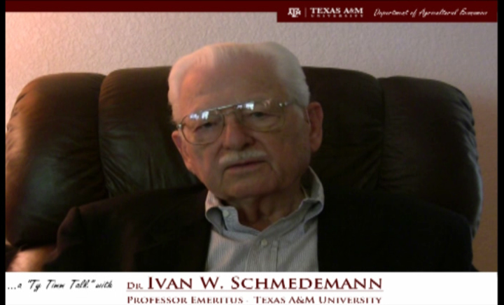 Thumbnail. The words "a ty timm talk with Dr. Evan W. Schmedemann - Professor Emeritus: Texas A&M University" run along the bottom. Dr. Schmedemann is seated and wearing a black suit, smiling. Click for interview