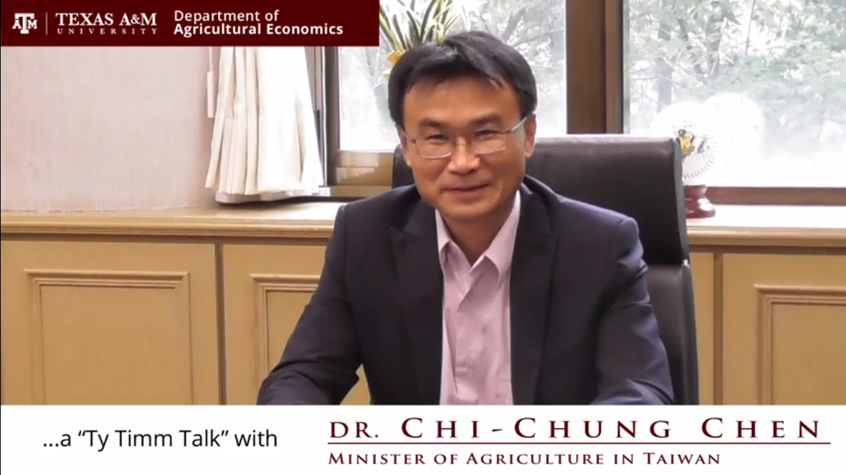 The words "A Ty Timm Talk: with Dr. Chi-Chung Chen - Minister of Agriculture in Taiwan" run along the bottom. Dr. Chen, seated, is smiling in a grey suit.