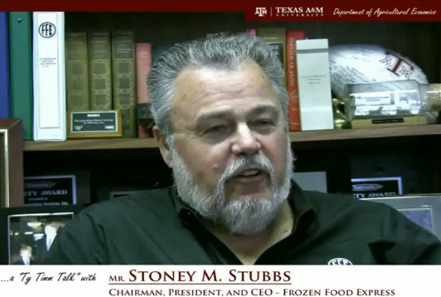 Thumbnail. The words "a ty timm talk with Mr. Stoney M. Stubbs -  Chairman President and CEO - Frozen Food Express" run along the bottom. Mr. Stubbs is seated and wearing a black dress shirt, smiling. Click for interview.