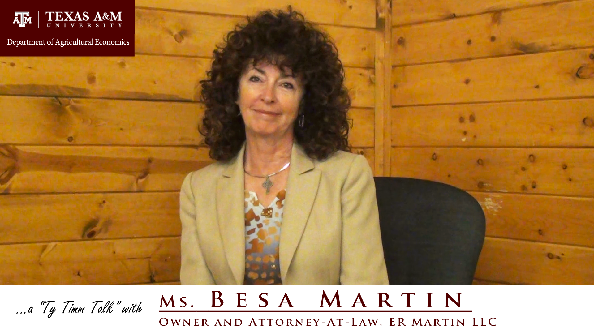 The words "a ty timm talk with Ms. Besa Martin - Owner and Attorney-at-law, ER Martin LLC" run along the bottom. Ms. Martin is seated and wearing a tan suit, smiling against a wooden background.