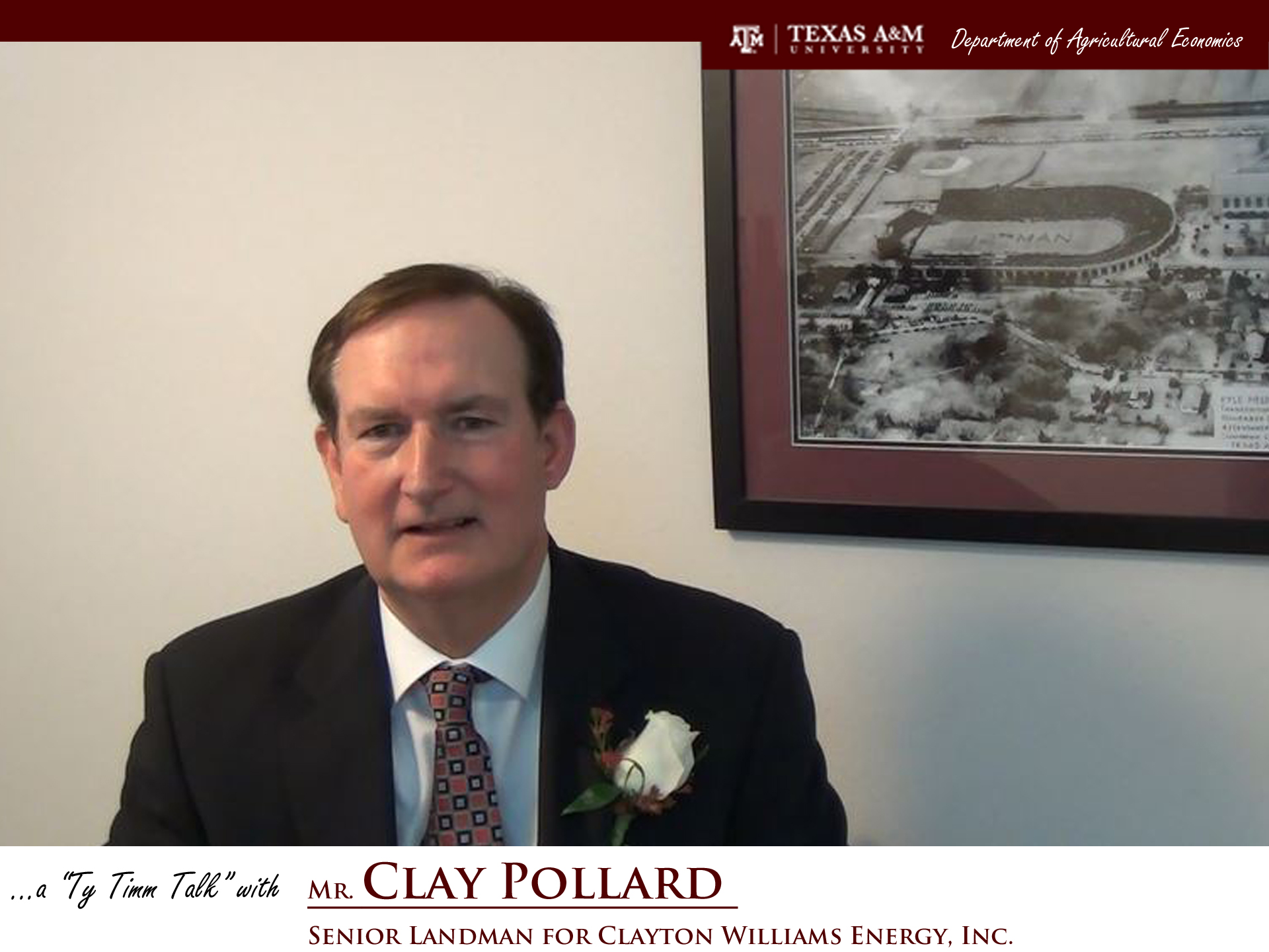 Thumbnail. The words "a ty timm talk with Mr. Clay Pollard - Senior Landman for Clayton Williams Energy, Inc." run along the bottom. Mr. Pollard is seated and wearing a black suit, smiling. Click for interview