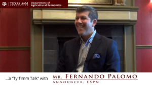 Thumbnail. The words "a ty timm talk with Mr. Fernando Palomo - Announcer, ESPN" run along the bottom. Mr. Palomo is seated and wearing a black suit, smiling. Click for interview.