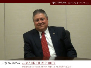 The words "a ty timm talk with Mr. Mark Humphrey - President of the Houston Area of Prosperity Bank" run along the bottom. Mr. Humphreyis seated and wearing a black suit and red tie, smiling against a white paneled background.