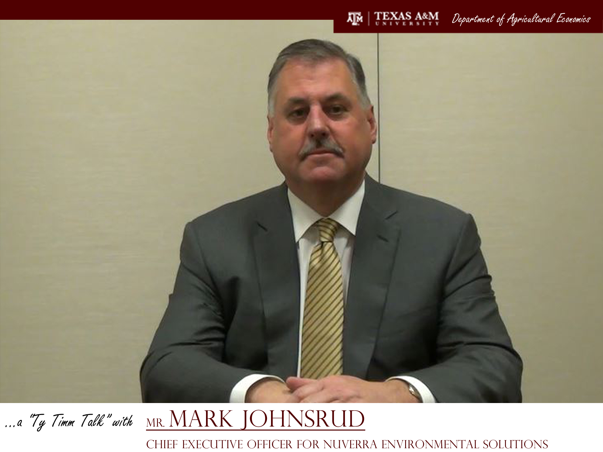 The words "a ty timm talk with Mr. Mark Johnsrud - Chief executive officer for Nuverra Environmental Solutions" run along the bottom. Mr. Johnsrud is seated and wearing a grey suit, smiling against a cream background.