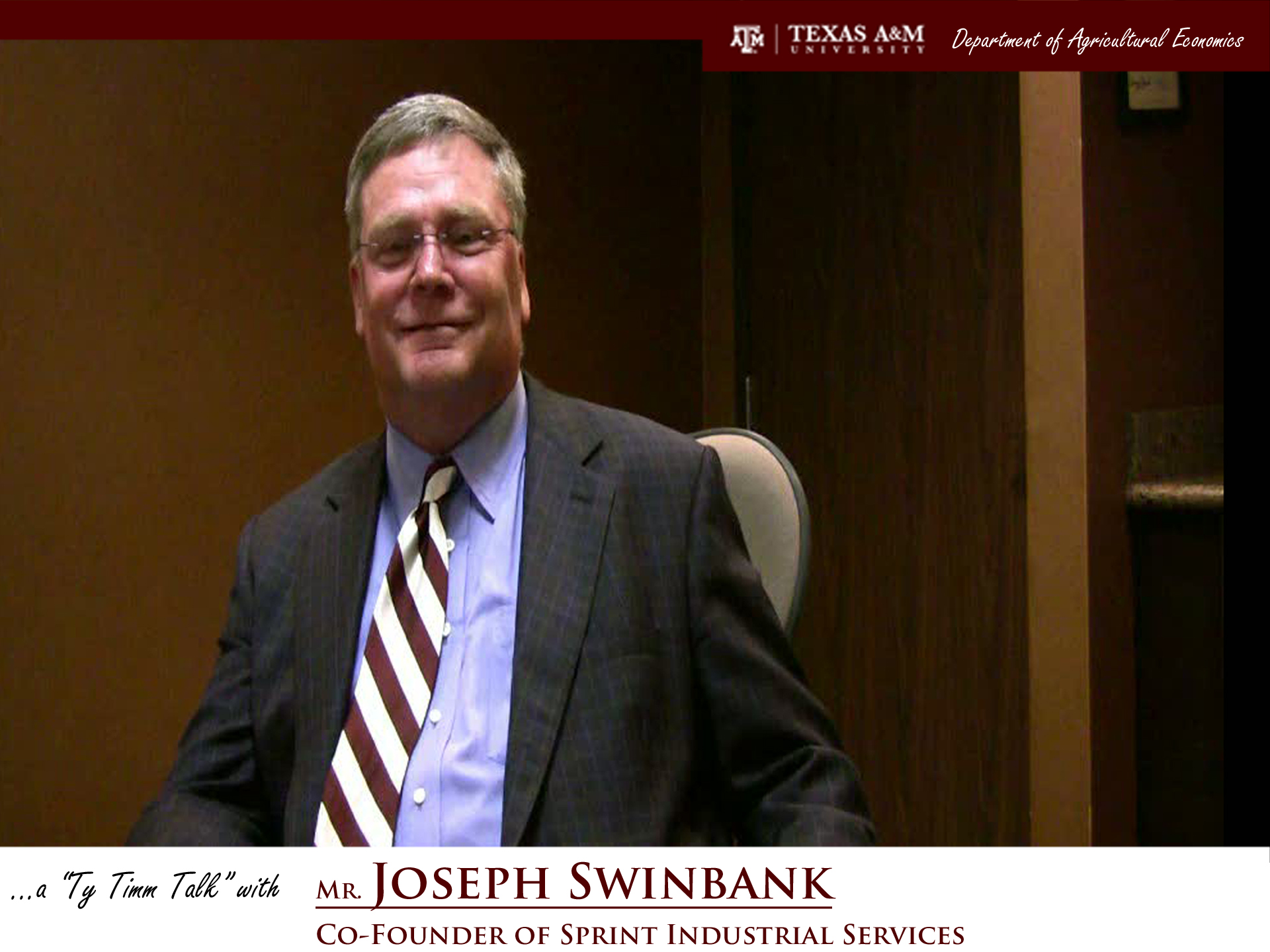 Thumbnail. The words "a ty timm talk with Mr. Joseph Swinbank - Co-Founder of Sprint Industrial Services" run along the bottom. Mr. Swinbank is seated and wearing a grey suit, smiling. Click for interview